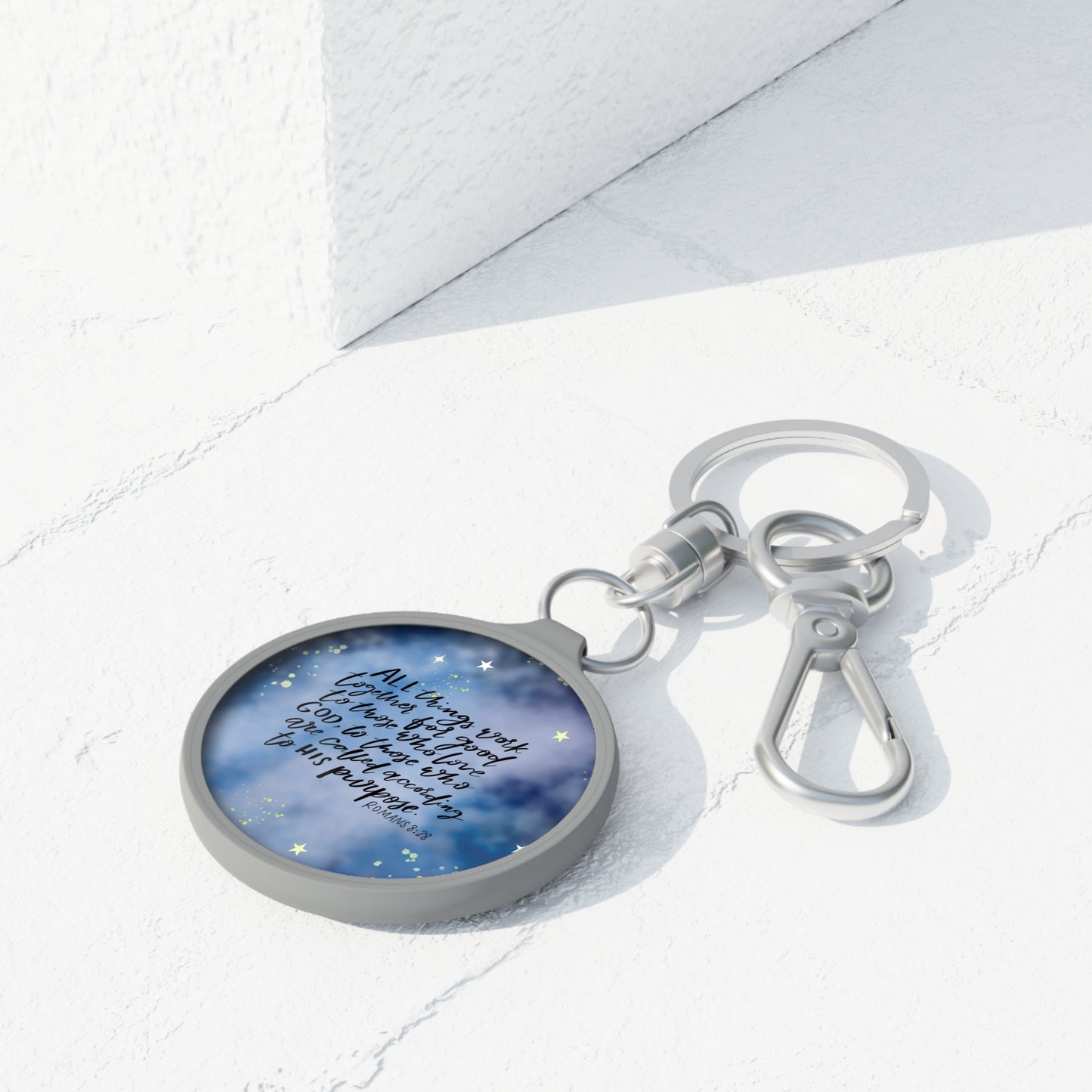 God works all things together for Good, Romans 8:28 Bible Verse Keyring Tag