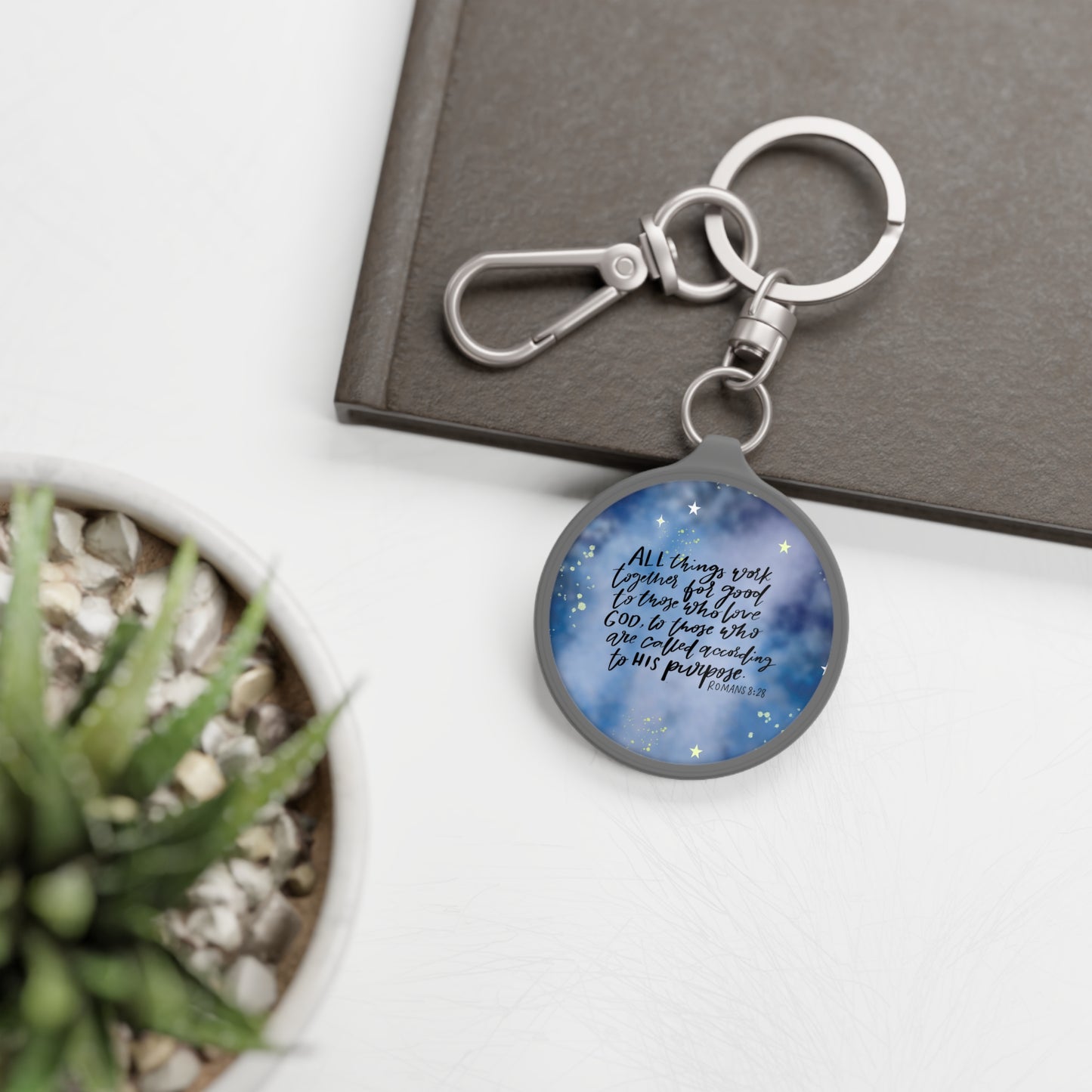 God works all things together for Good, Romans 8:28 Bible Verse Keyring Tag