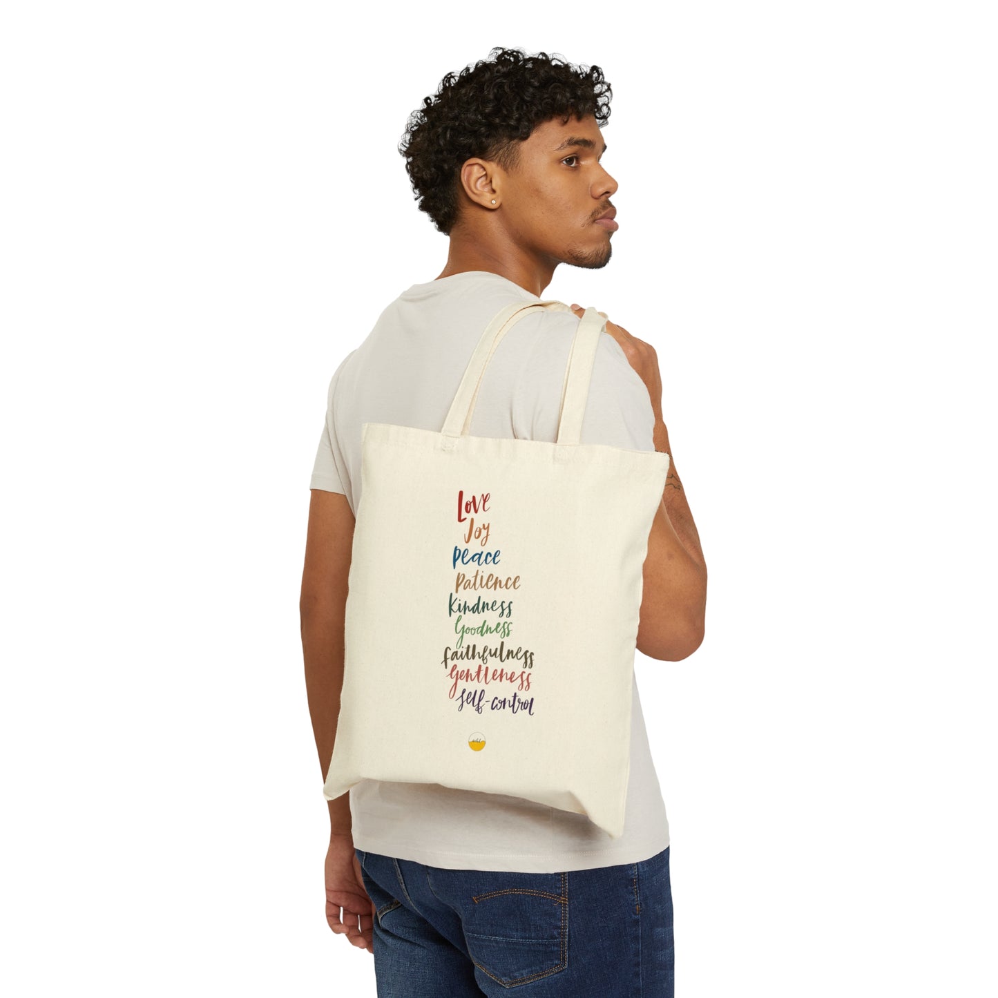 Fruit of the Spirit Hand lettered Cotton Canvas Tote Bag, Galatians Bible Verse Bag