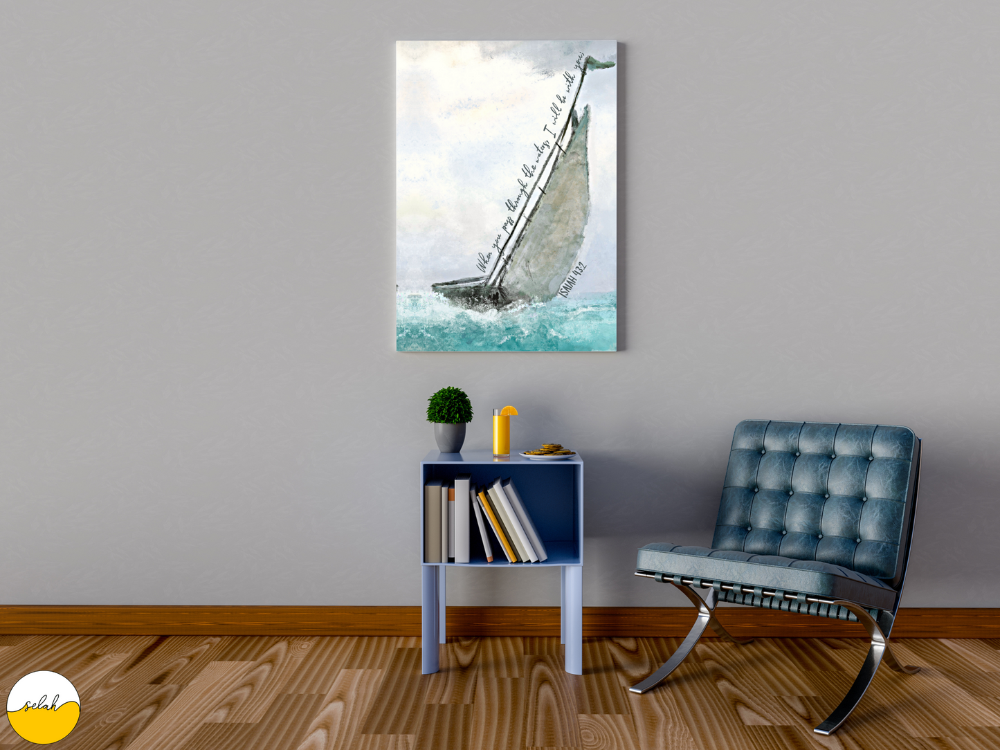 When you pass through the waters, I will be with you | Isaiah 43:2 Wall Art | Bible Verse Framed Canvas | Ocean Sailboat Wall Art