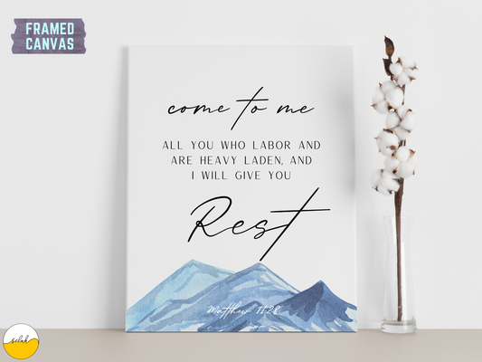 Come to Me I will give you Rest, Matthew 11:28 Bible Verse Wall Art , Christian Scripture Framed Canvas