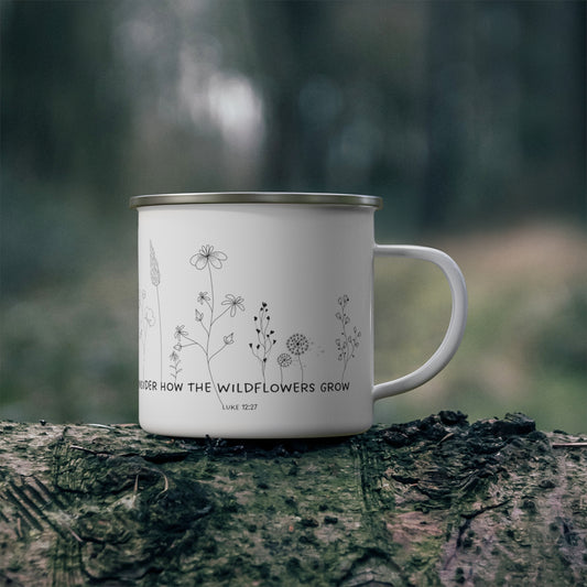 Consider How the Wildflowers Grow Camping Mug, Luke 12:27 Bible Verse Enamel 12 Oz Heat resistant Mug