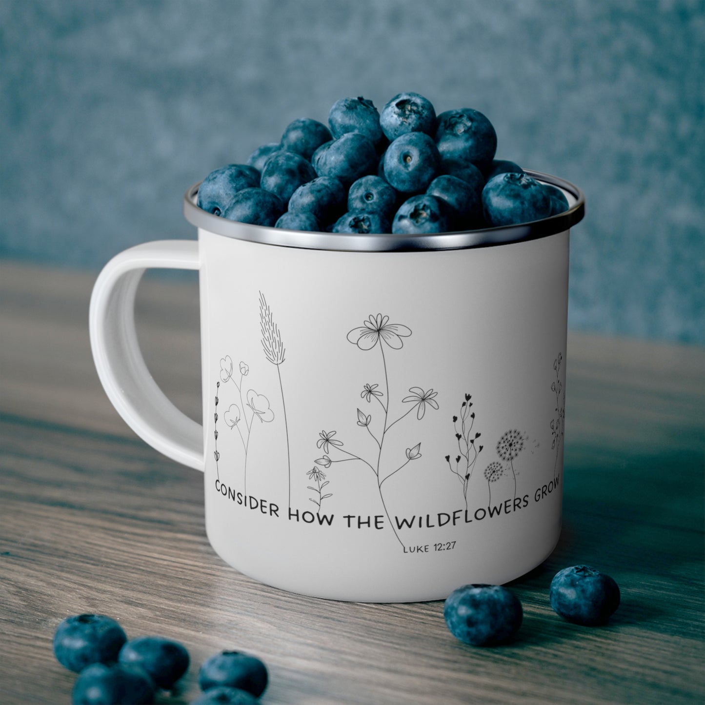 Consider How the Wildflowers Grow Camping Mug, Luke 12:27 Bible Verse Enamel 12 Oz Heat resistant Mug