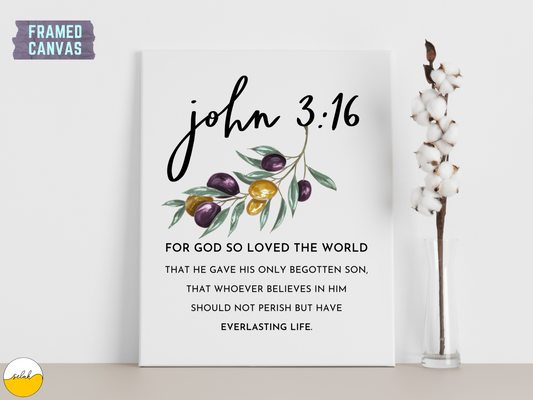 John 3:16 Framed Canvas Wall Art | For God So loved the World Bible Verse Canvas Print | Christian Home Decor