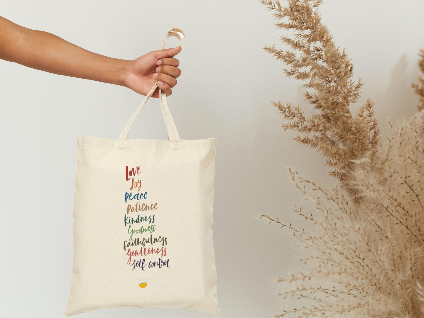 Fruit of the Spirit Hand lettered Cotton Canvas Tote Bag, Galatians Bible Verse Bag