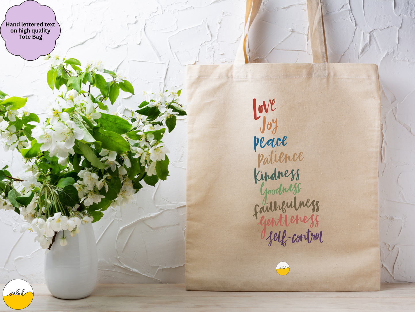 Fruit of the Spirit Hand lettered Cotton Canvas Tote Bag, Galatians Bible Verse Bag