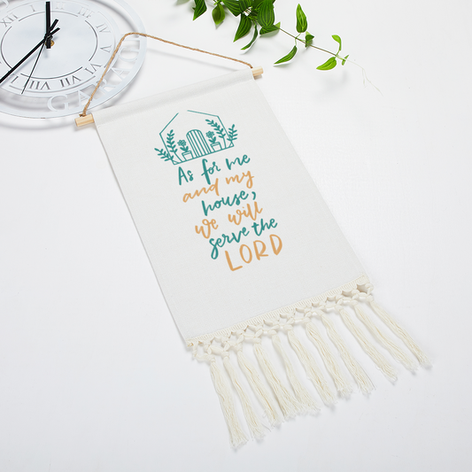 As for me and my house, we will serve the Lord Bible Verse Linen Tapestry with Tassel Cotton Linen Wall Hanging