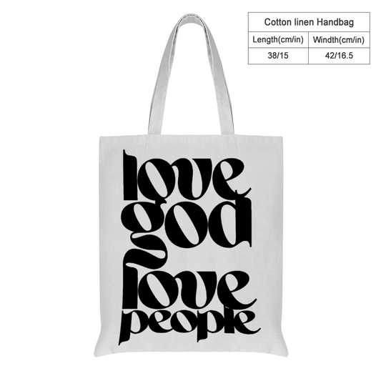 Love God Love People Cotton Linen Tote Bag with Inner Zippered Pocket, Bible Verse Christian Tote Bag