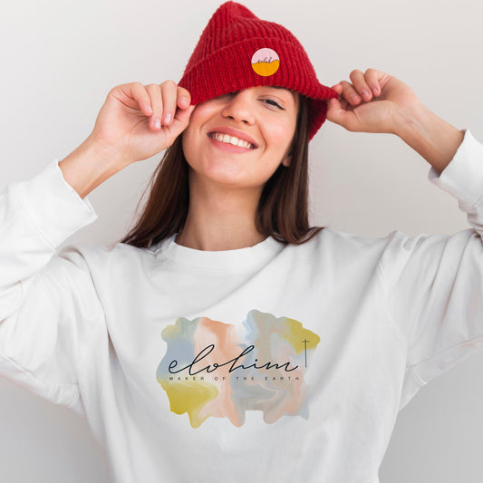Elohim Maker of the Earth Unisex Christian Pullover Sweatshirt, Hand lettered and Hand drawn art