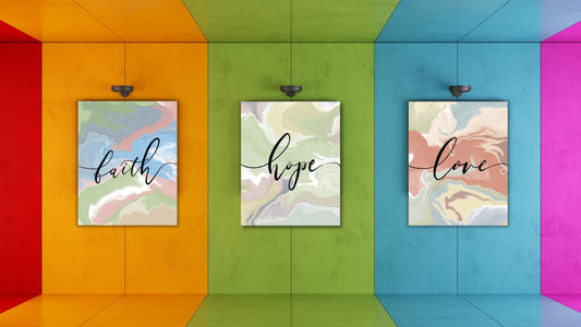Faith Hope Love Marble Art | 3 Piece Inner Framed Canvas Bible Verse Wall Art, Set of 9" x 12"