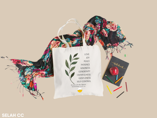 Fruits of the Spirit Cotton Linen Tote Bags with Inner Zippered Pocket, Galatians 5:25 Bible Verse