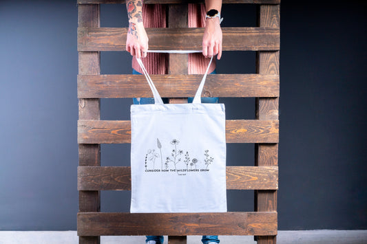 Consider how the wildflowers grow Cotton Linen Tote Bag | Christian Tote Bag | Luke 12:27 Bible Verse Cotton Bag
