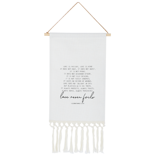 Love Never Fails Linen Tapestry with Tassel, Bible Verse Love Wall Hanging