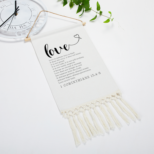 Love is Patient, Love is Kind Linen Tapestry with Tassel Cotton Linen Wall Hanging