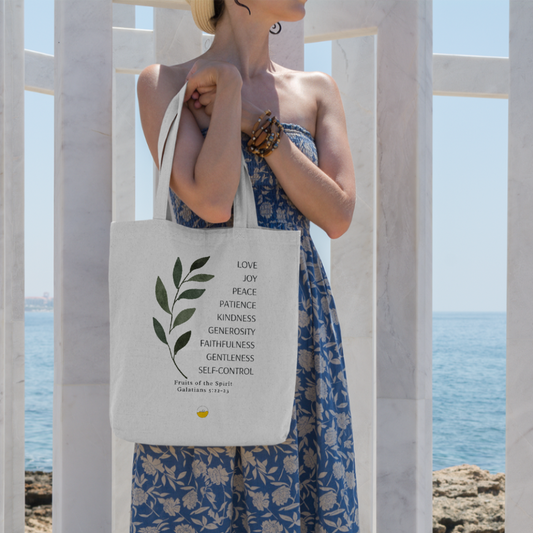 Fruits of the Spirit Cotton Linen Tote Bags with Inner Zippered Pocket, Galatians 5:25 Bible Verse