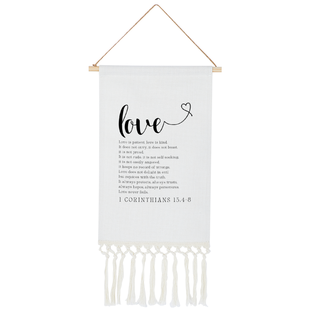 Love is Patient, Love is Kind Linen Tapestry with Tassel Cotton Linen Wall Hanging