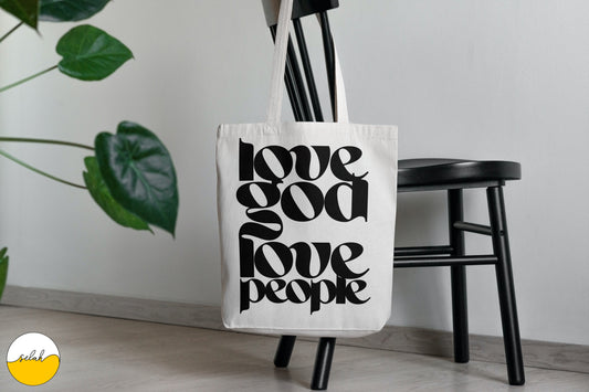 Love God Love People Cotton Linen Tote Bag with Inner Zippered Pocket, Bible Verse Christian Tote Bag