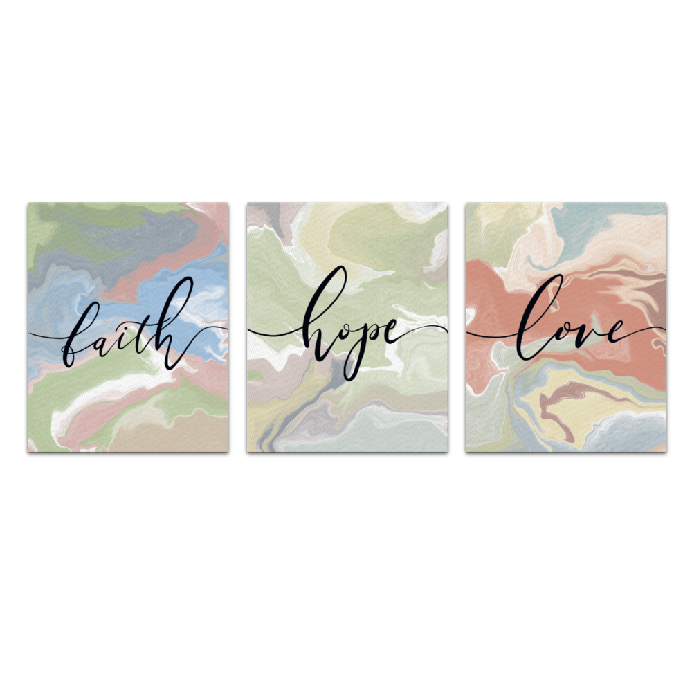 Faith Hope Love Marble Art | 3 Piece Inner Framed Canvas Bible Verse Wall Art, Set of 9" x 12"