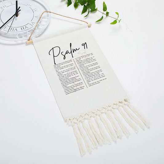 Psalm 91 Tapestry, Bible Verse Linen Tapestry with Tassel | Christian Wall Hanging