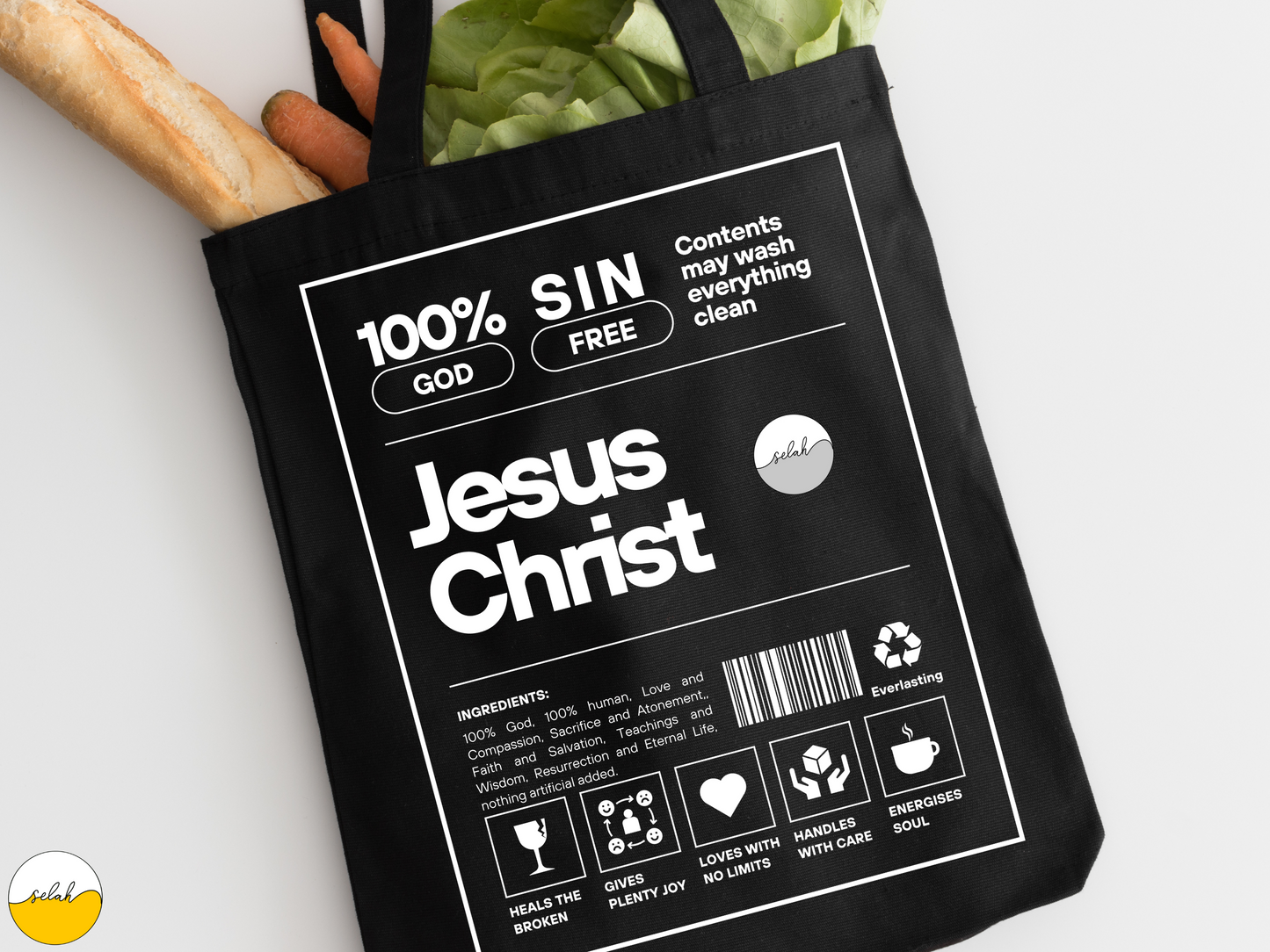 Jesus Christ Creative Canvas Tote Bag | Christian Tote Bag | Jesus is King Ingredients List Label Bible Verse Canvas Bag