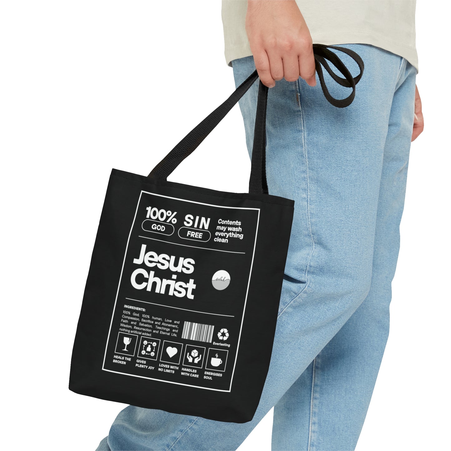 Jesus Christ Creative Canvas Tote Bag | Christian Tote Bag | Jesus is King Ingredients List Label Bible Verse Canvas Bag