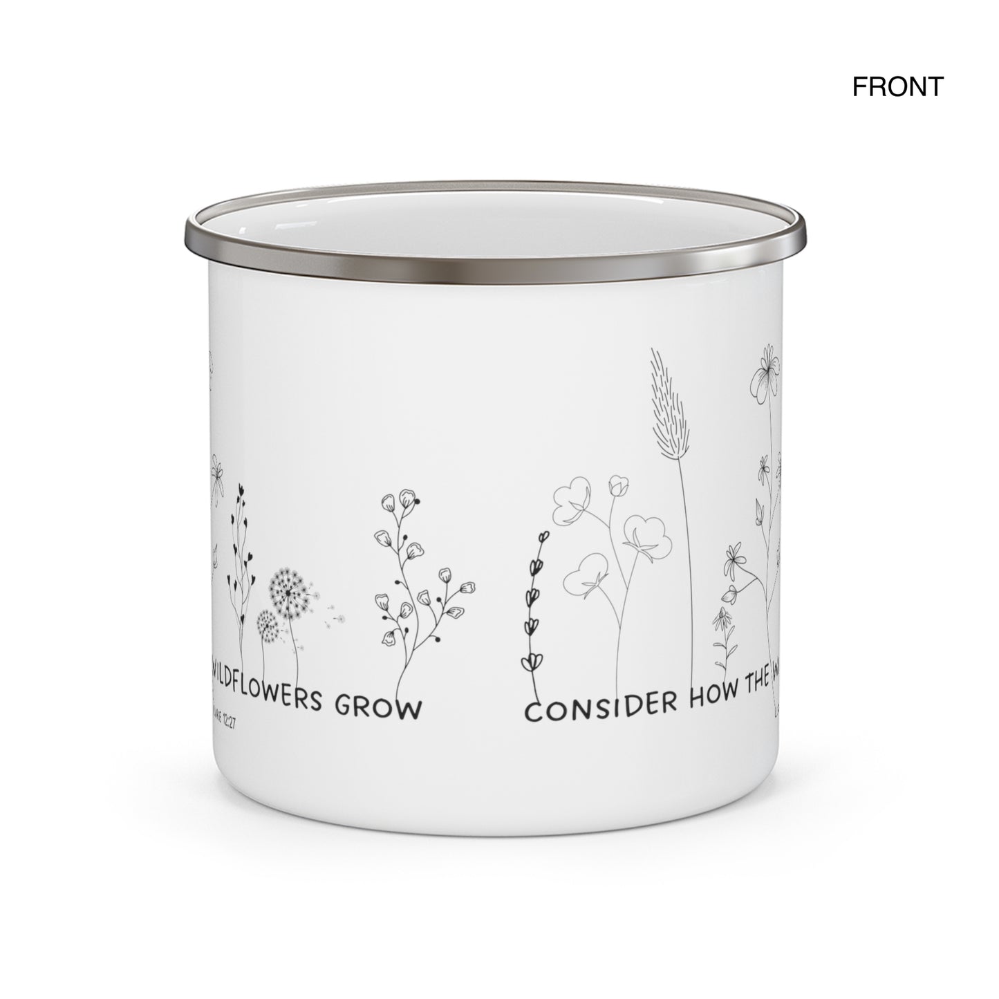 Consider How the Wildflowers Grow Camping Mug, Luke 12:27 Bible Verse Enamel 12 Oz Heat resistant Mug