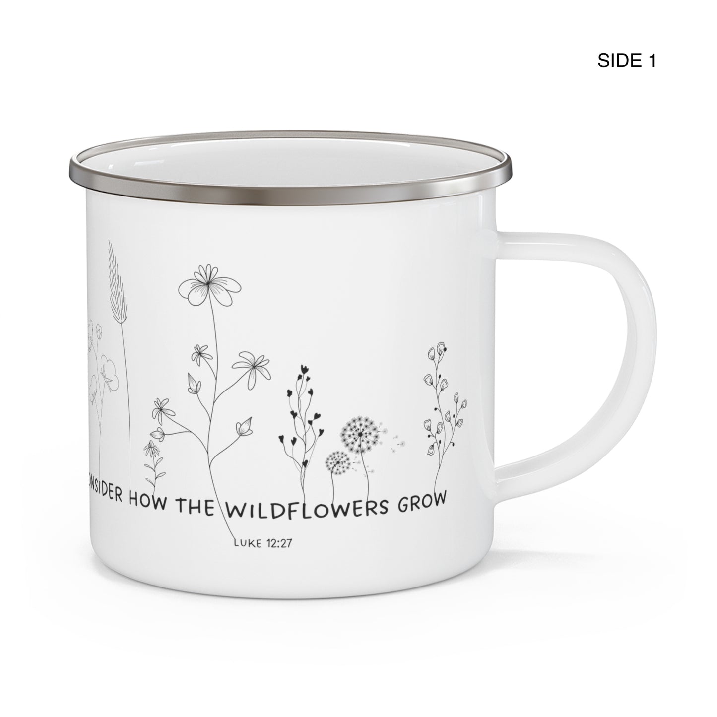 Consider How the Wildflowers Grow Camping Mug, Luke 12:27 Bible Verse Enamel 12 Oz Heat resistant Mug