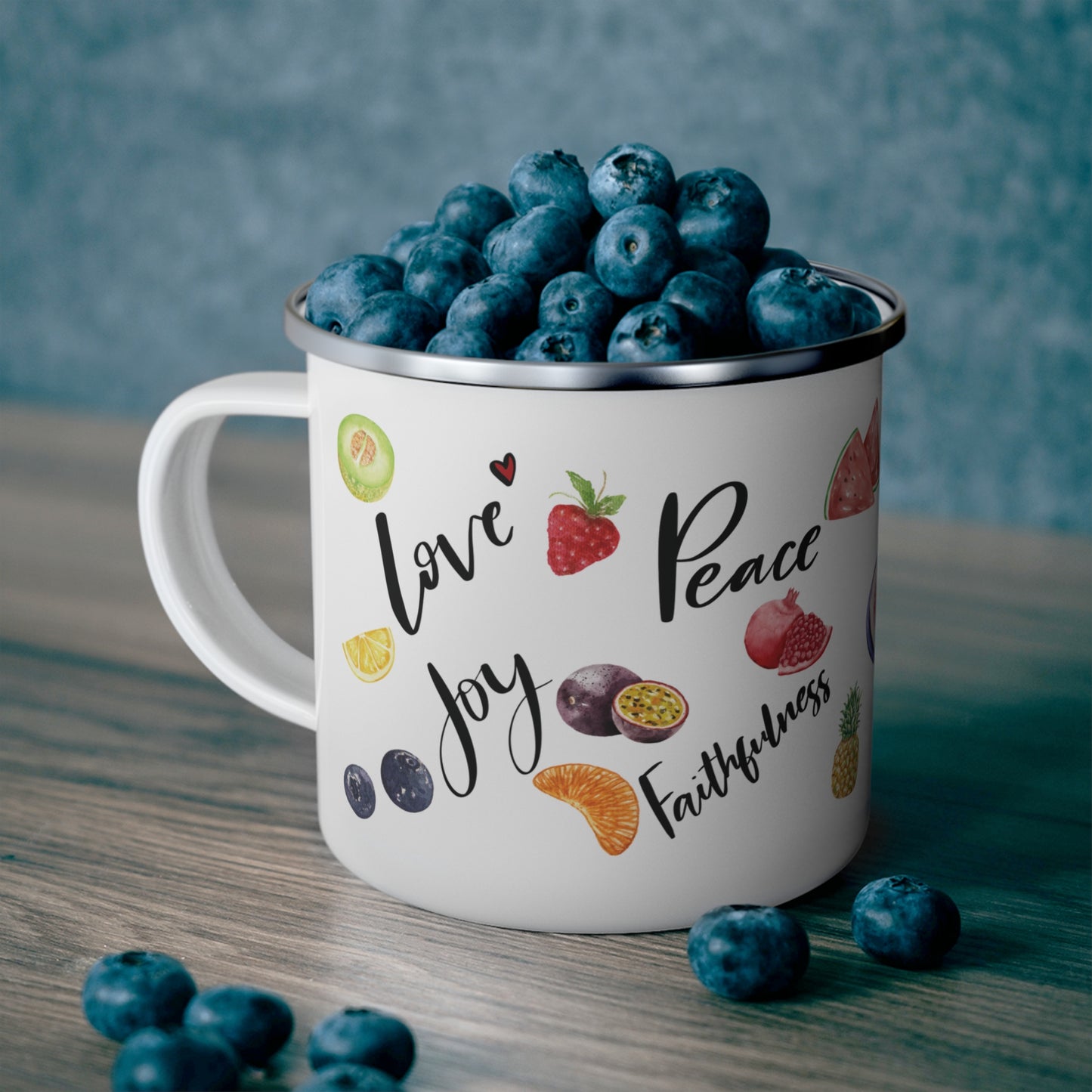 Fruit of the Spirit Enamel Coffee Cup | Galatians 5: 22 - 23 Bible Verse Coffee, Tea Camping Metal Cup