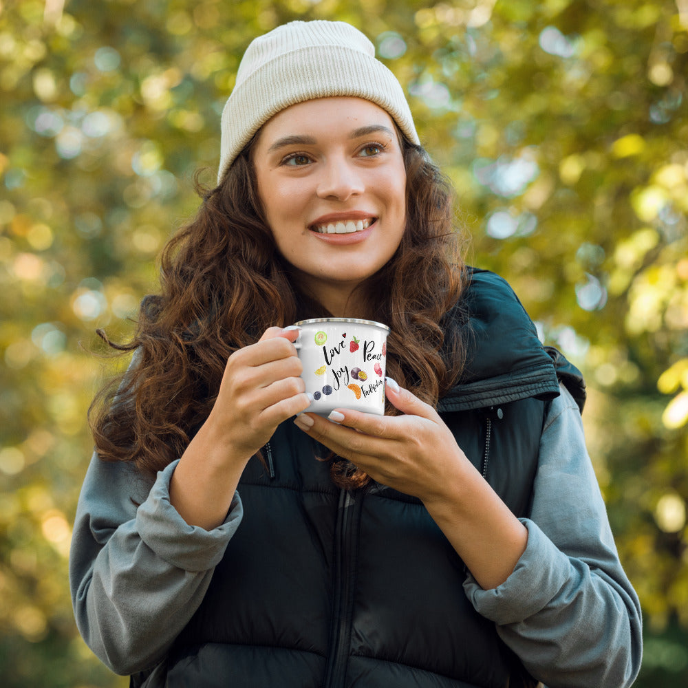Fruit of the Spirit Enamel Coffee Cup | Galatians 5: 22 - 23 Bible Verse Coffee, Tea Camping Metal Cup