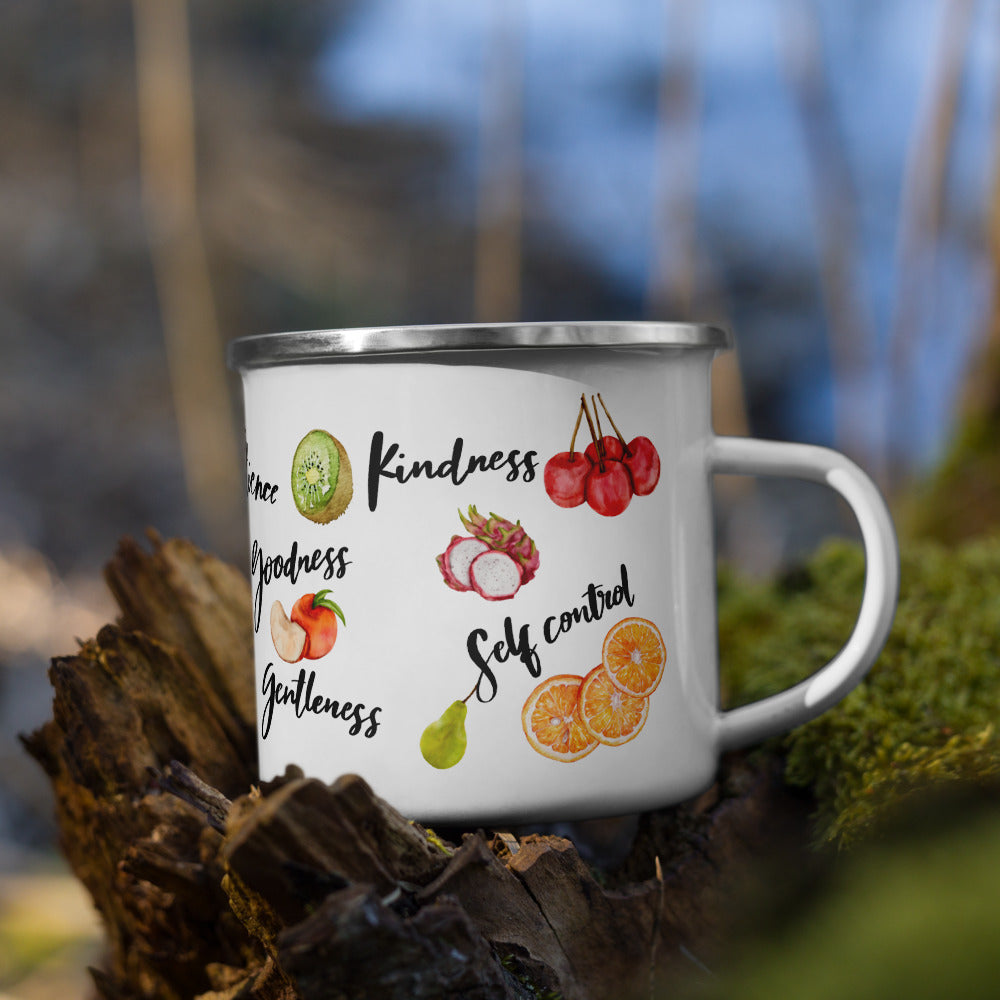 Fruit of the Spirit Enamel Coffee Cup | Galatians 5: 22 - 23 Bible Verse Coffee, Tea Camping Metal Cup