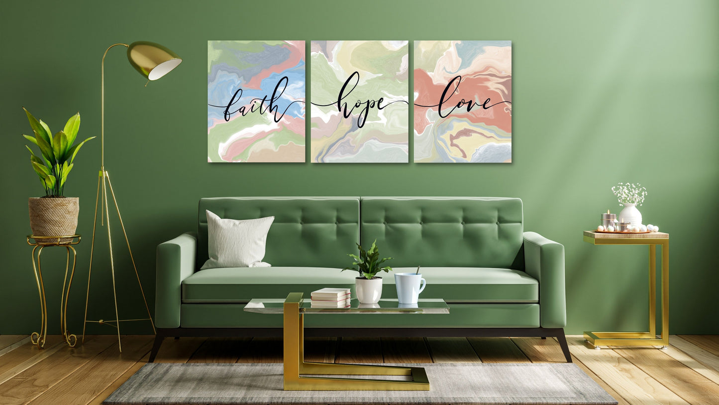 Faith Hope Love Marble Art | 3 Piece Inner Framed Canvas Bible Verse Wall Art, Set of 9" x 12"