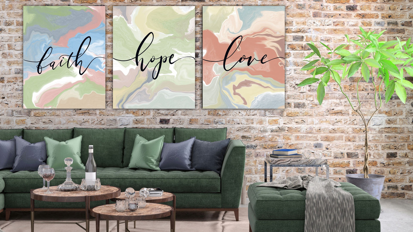 Faith Hope Love Marble Art | 3 Piece Inner Framed Canvas Bible Verse Wall Art, Set of 9" x 12"
