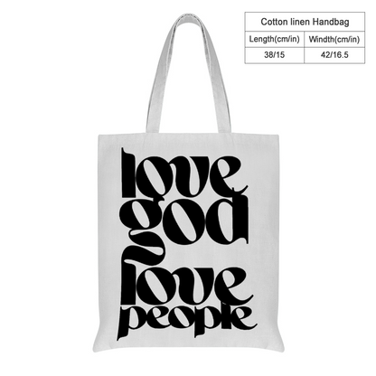 Love God Love People Cotton Linen Tote Bag with Inner Zippered Pocket, Bible Verse Christian Tote Bag