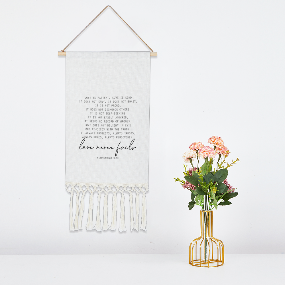 Love Never Fails Linen Tapestry with Tassel, Bible Verse Love Wall Hanging