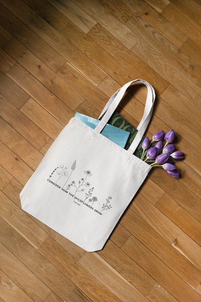 Consider how the wildflowers grow Cotton Linen Tote Bag | Christian Tote Bag | Luke 12:27 Bible Verse Cotton Bag with inner zip pocket