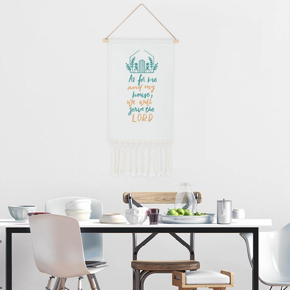 As for me and my house, we will serve the Lord Bible Verse Linen Tapestry with Tassel Cotton Linen Wall Hanging