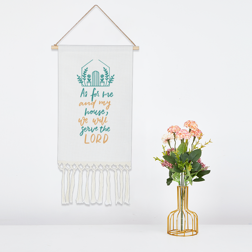 As for me and my house, we will serve the Lord Bible Verse Linen Tapestry with Tassel Cotton Linen Wall Hanging