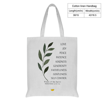 Fruits of the Spirit Cotton Linen Tote Bags with Inner Zippered Pocket, Galatians 5:25 Bible Verse
