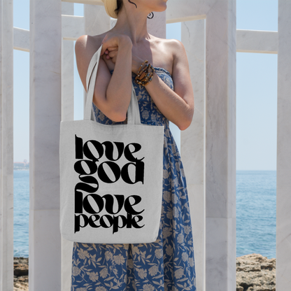 Love God Love People Cotton Linen Tote Bag with Inner Zippered Pocket, Bible Verse Christian Tote Bag