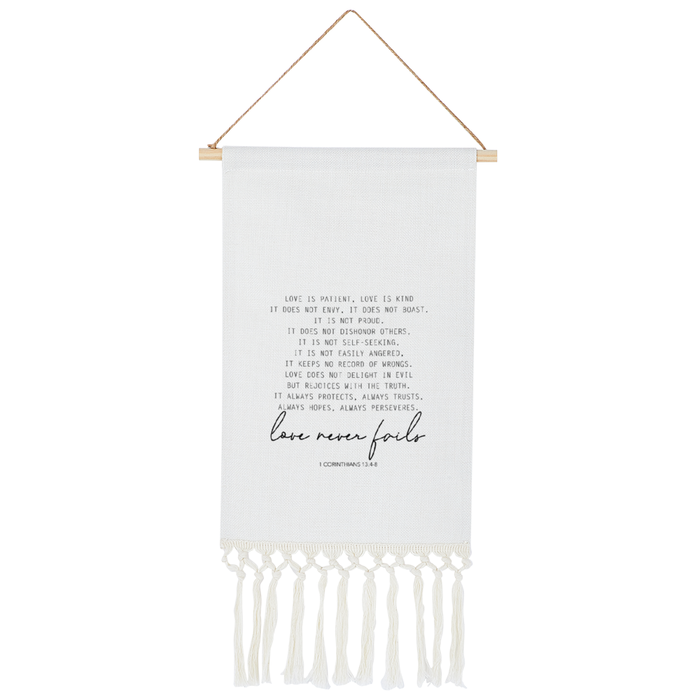 Love Never Fails Linen Tapestry with Tassel, Bible Verse Love Wall Hanging