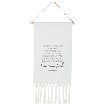 Love Never Fails Linen Tapestry with Tassel, Bible Verse Love Wall Hanging